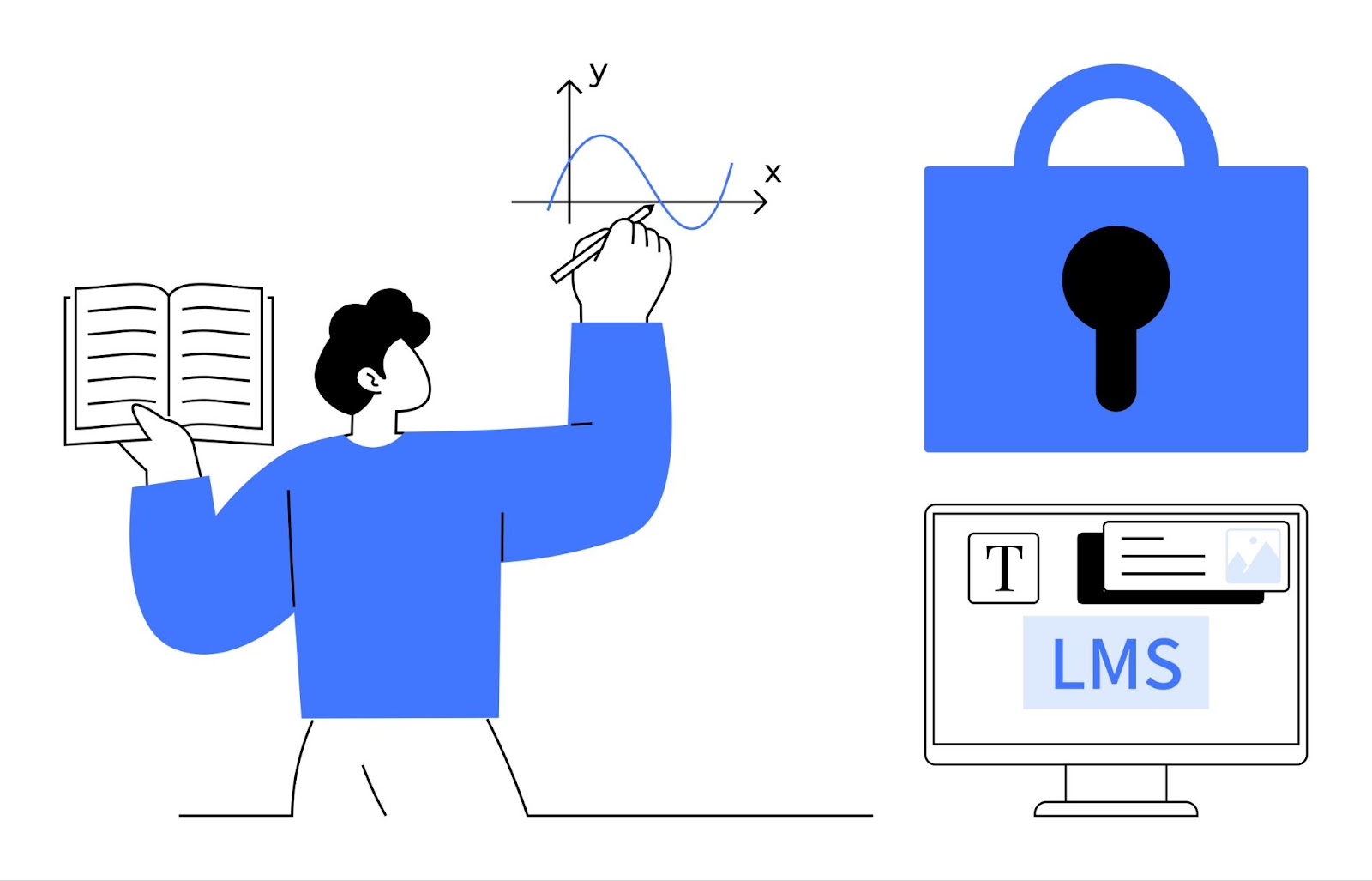 A person holding a book and writing on a graph. A lock symbol for security and a computer screen showing LMS. Ideal for education, e-learning, data security, learning management, content creation