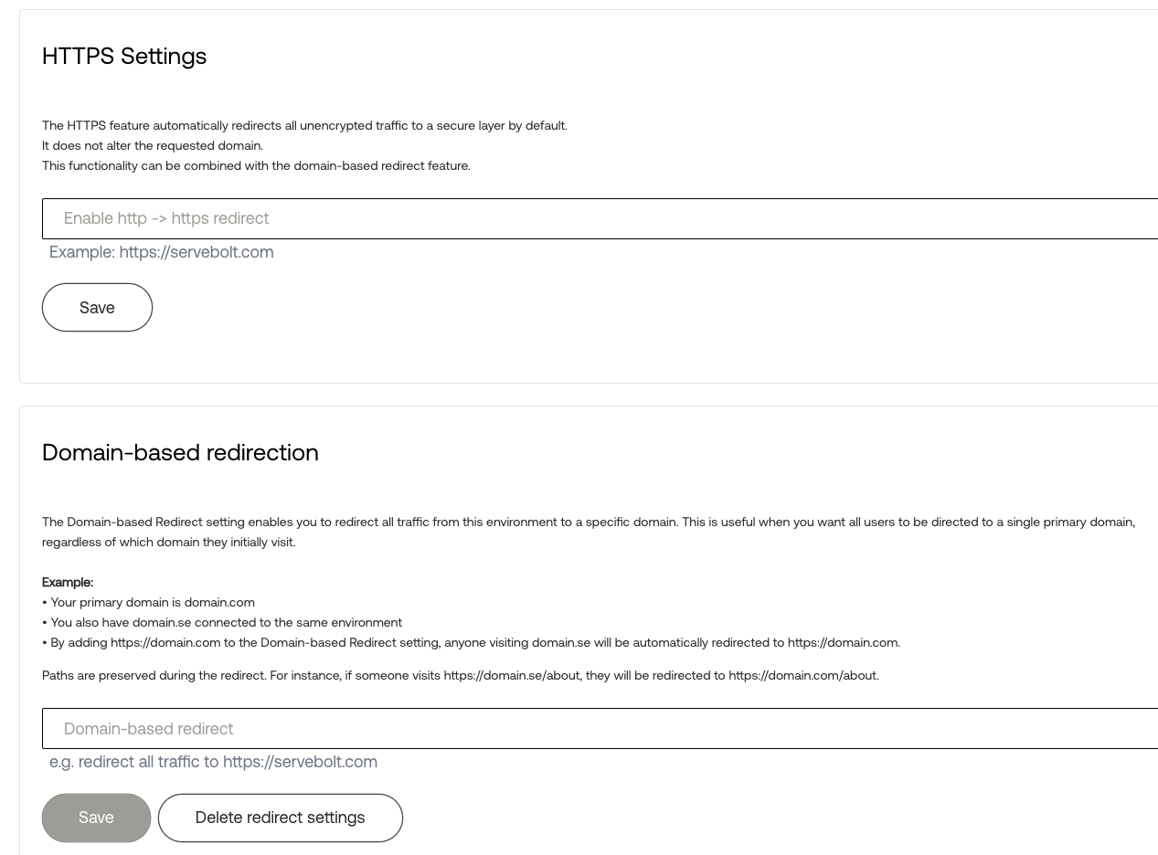 Overview of the Redirect settings in the Servebolt Admin Panel.