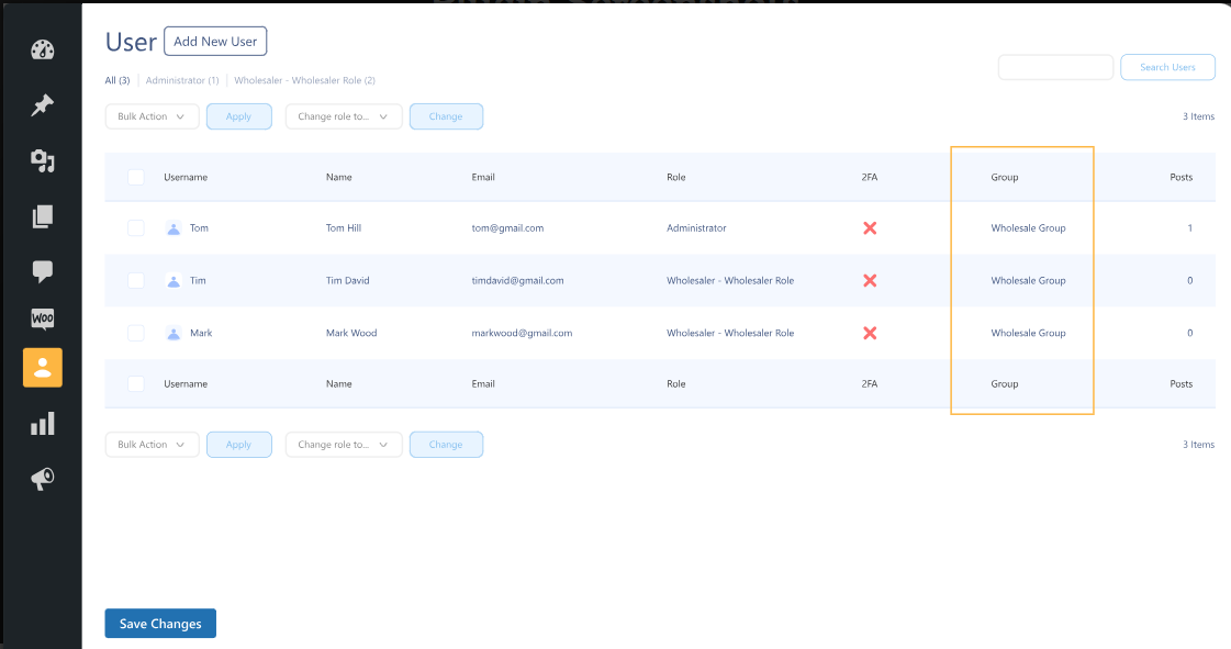 Wholesale user role management