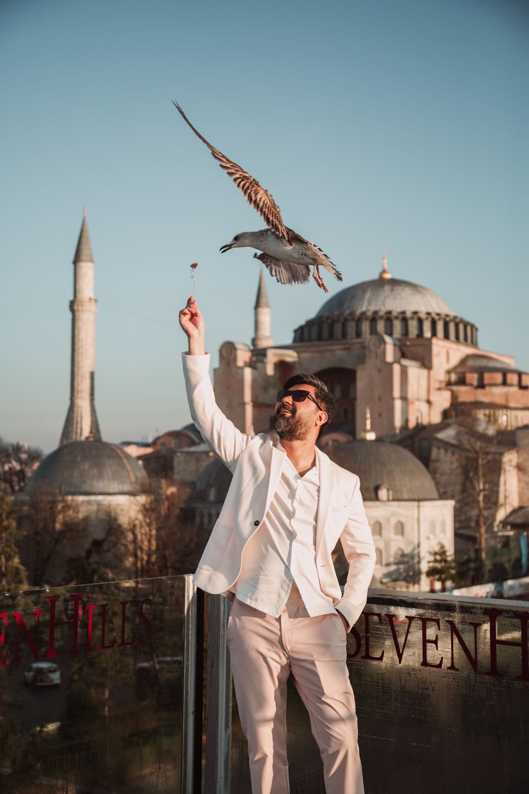 Feeding seagulls with Hagia Sophia in view at Seven Hill rooftop