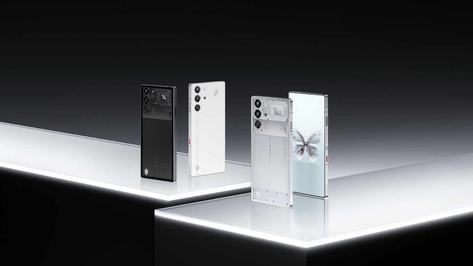 Four Redmagic 10 Pro devices in different colors against a silver and black background.