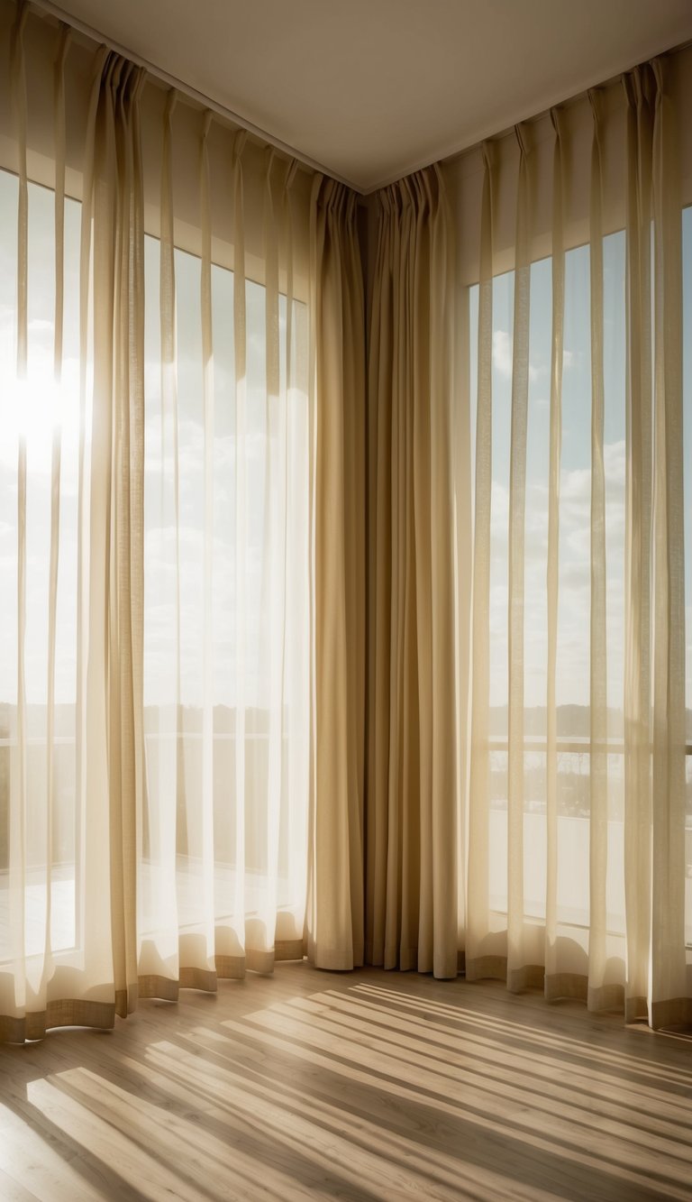 Floor-to-ceiling curtains billow in a sunlit bedroom, casting soft shadows on the floor