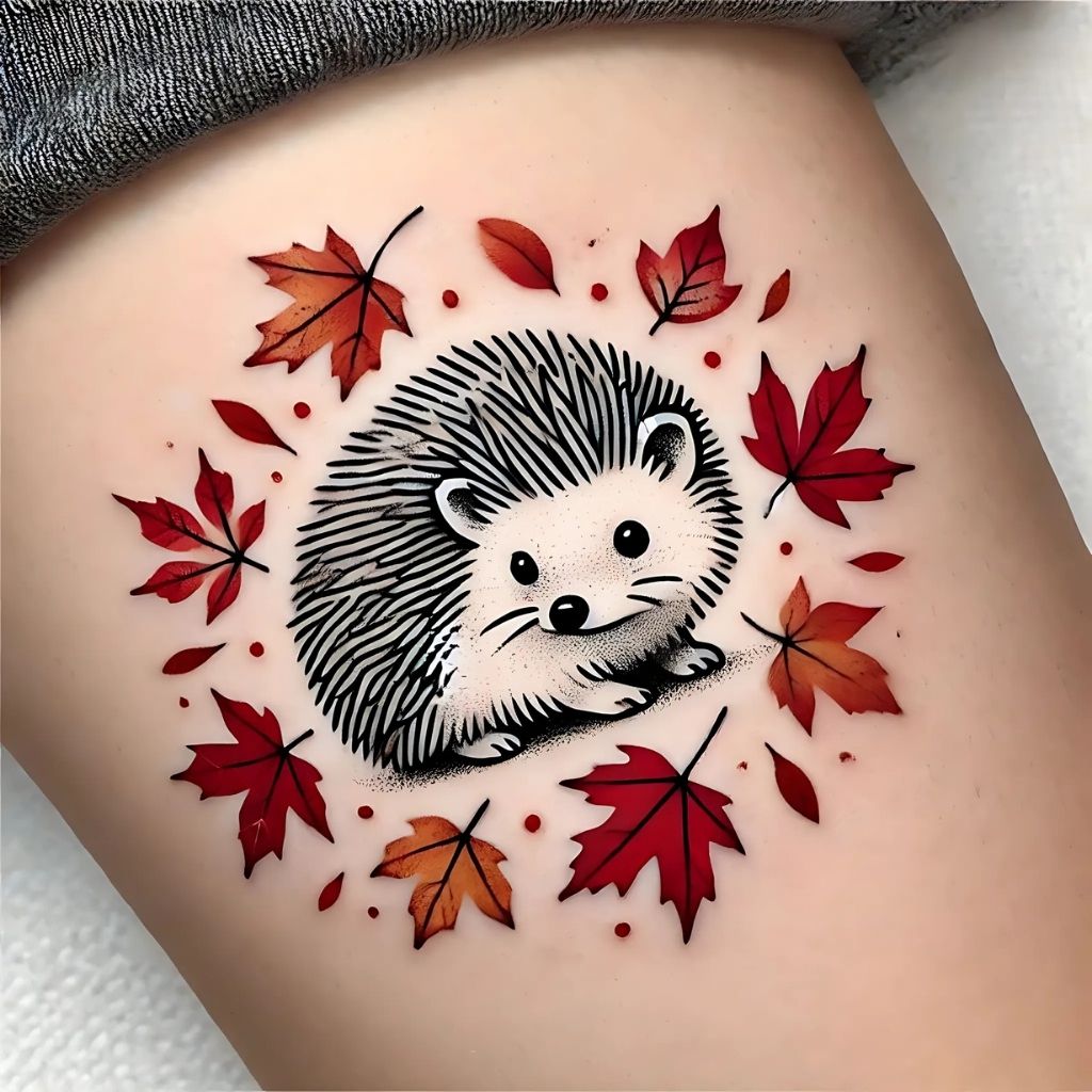 Hedgehog with Autumn Leaves Tattoo