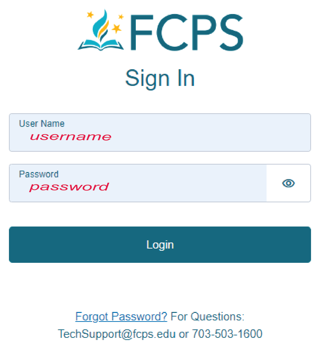 This is a screenshot of MyTime login screen for FCPS username and password