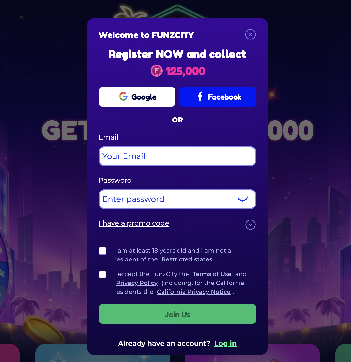 Screenshot of Funzcity registration form 