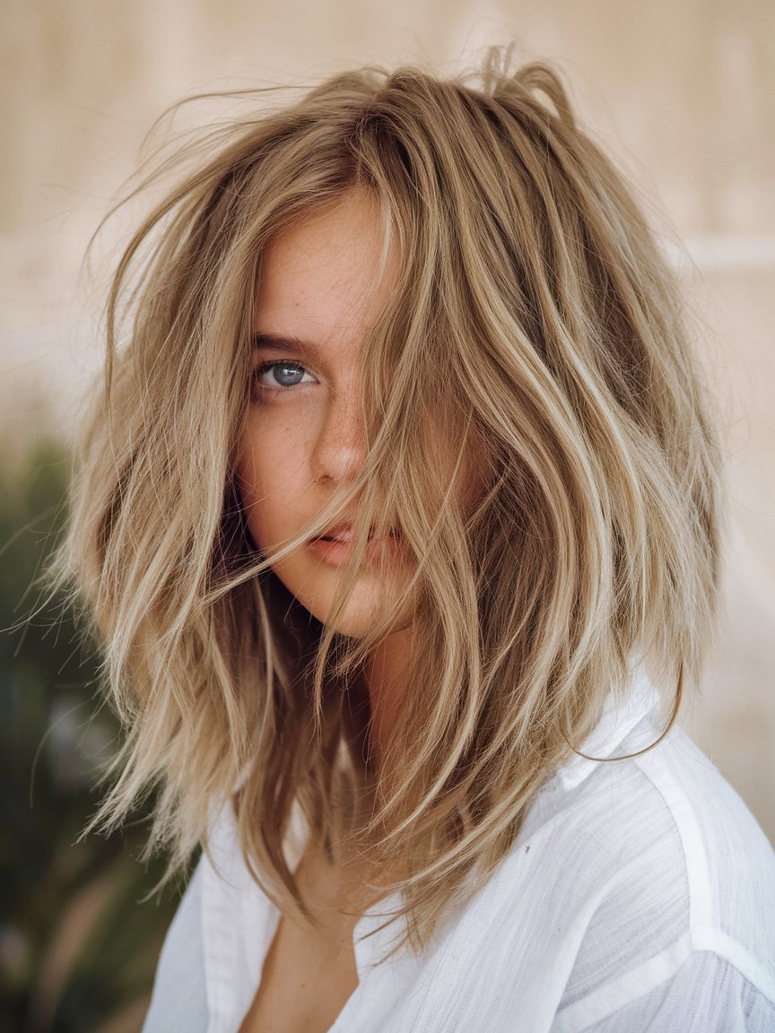 9. Messy Wavy Blonde Lob with Textured Layers