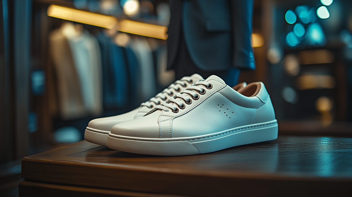 A pair of white leather sneakers with subtle details, perfectly balanced on a flat surface, while a black suit is elegantly draped on a mannequin in the blurred background, emphasizing the clean, modern feel of the outfit.