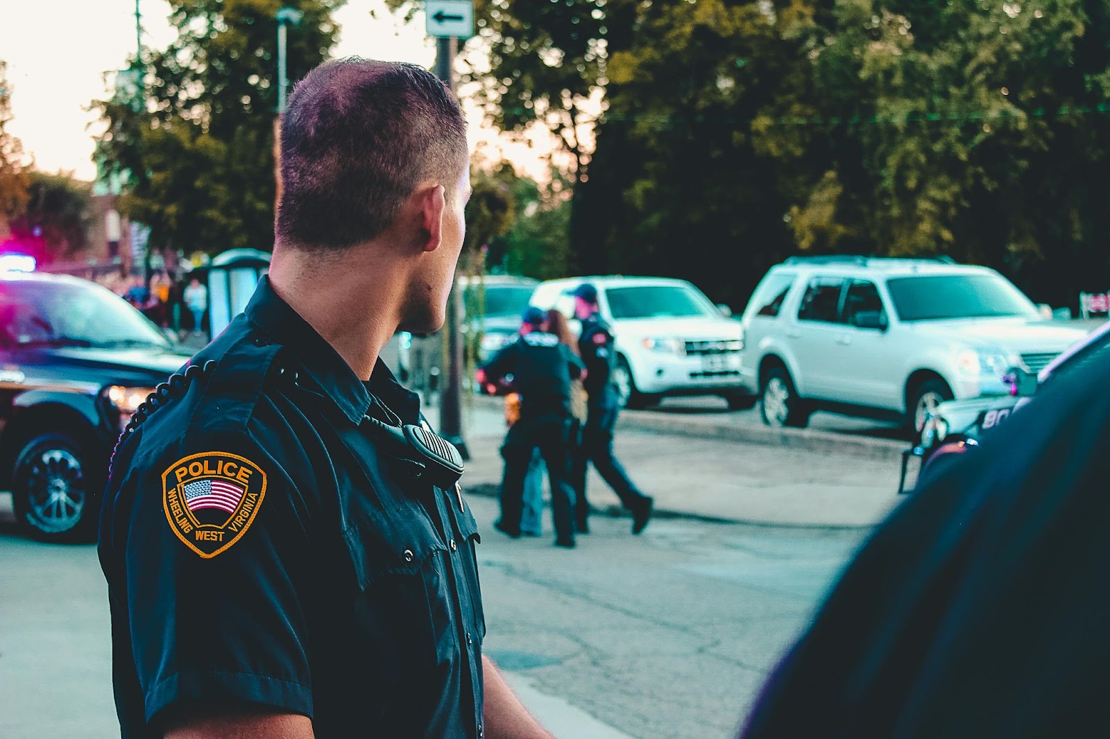 A squad of police in a crime scene