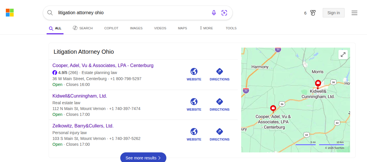 Bing local results displayed in search.