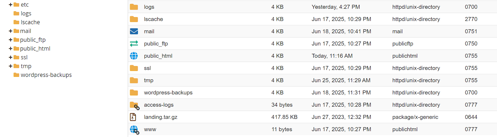 a screenshot of file manager section in cPanel