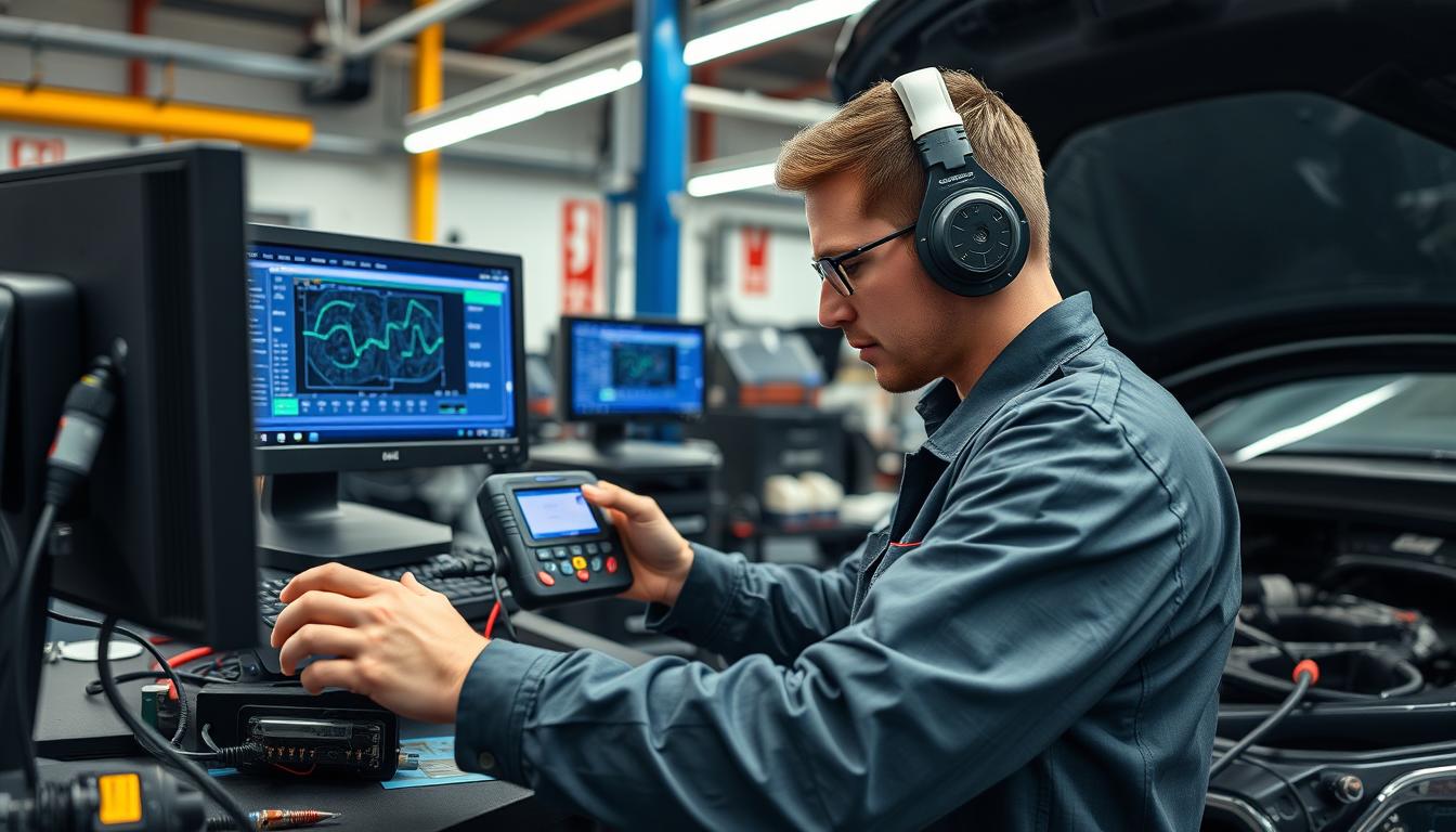 Professional mechanic diagnosing P0335 circuit malfunction with advanced diagnostic equipment