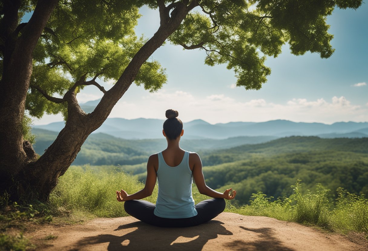 A person meditating in a peaceful natural setting, surrounded by greenery and clear skies, with a sense of calm and tranquility