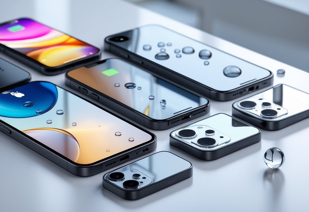 Flera iPhone-modeller med vattenstänk på en vit yta.
