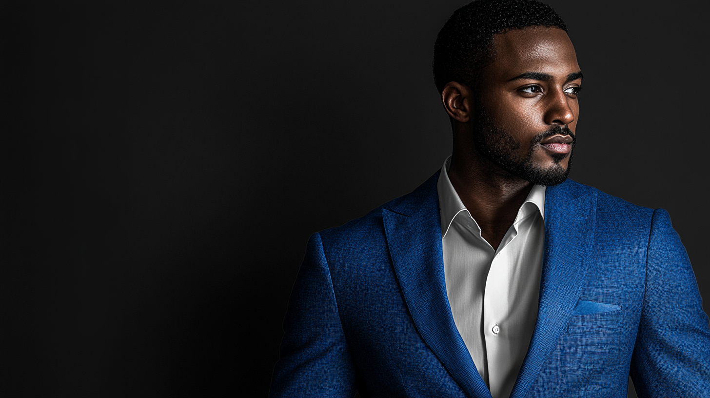 A man wearing a classic blue suit paired with a crisp white shirt, creating a clean and fresh look. The suit is either a dark navy or a lighter blue, and the overall appearance is sharp and polished. The setting is appropriate for both formal and semi-formal occasions, such as a business meeting or a semi-formal dinner. The background is simple and elegant, highlighting the timeless and effective combination of a blue suit and white shirt.