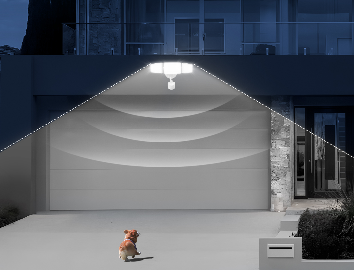 White 3-head LED security light with motion sensor activated, illuminating garage entrance and driveway area at night with wide detection range