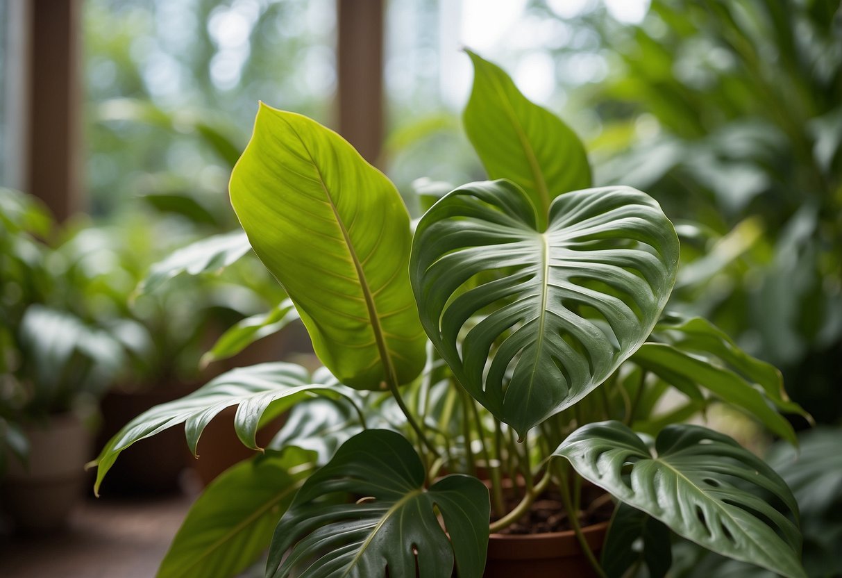 Two Philodendron plants side by side, labeled as Pastazanum and Plowmanii, with detailed botanical features for comparison