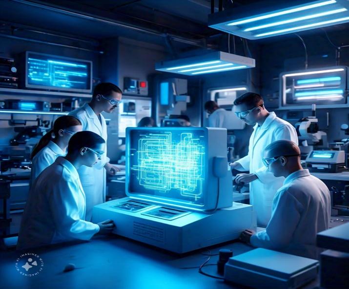 A group of people in lab coats looking at a computer screen<br />
<br />
Description automatically generated