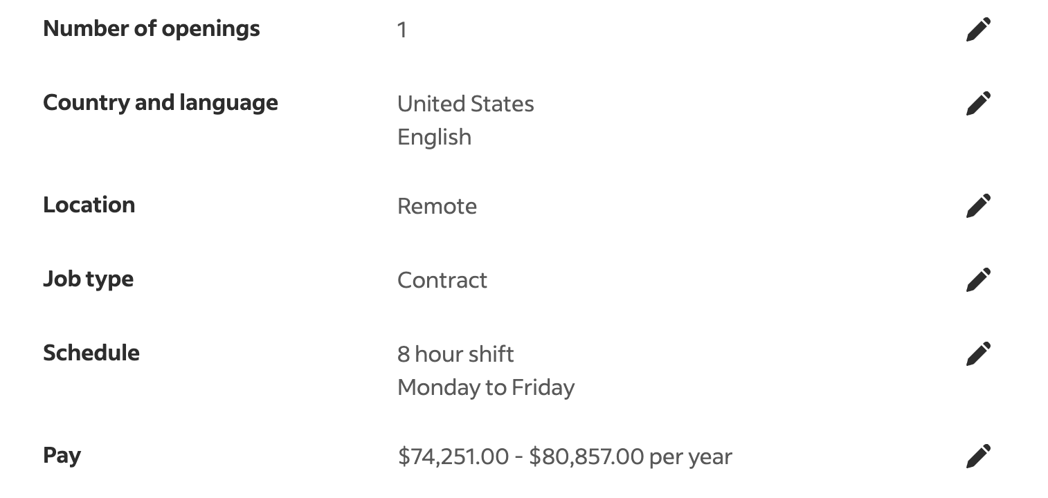  "Screenshot of a job posting displaying details including one opening, location as remote, job type as contract, 