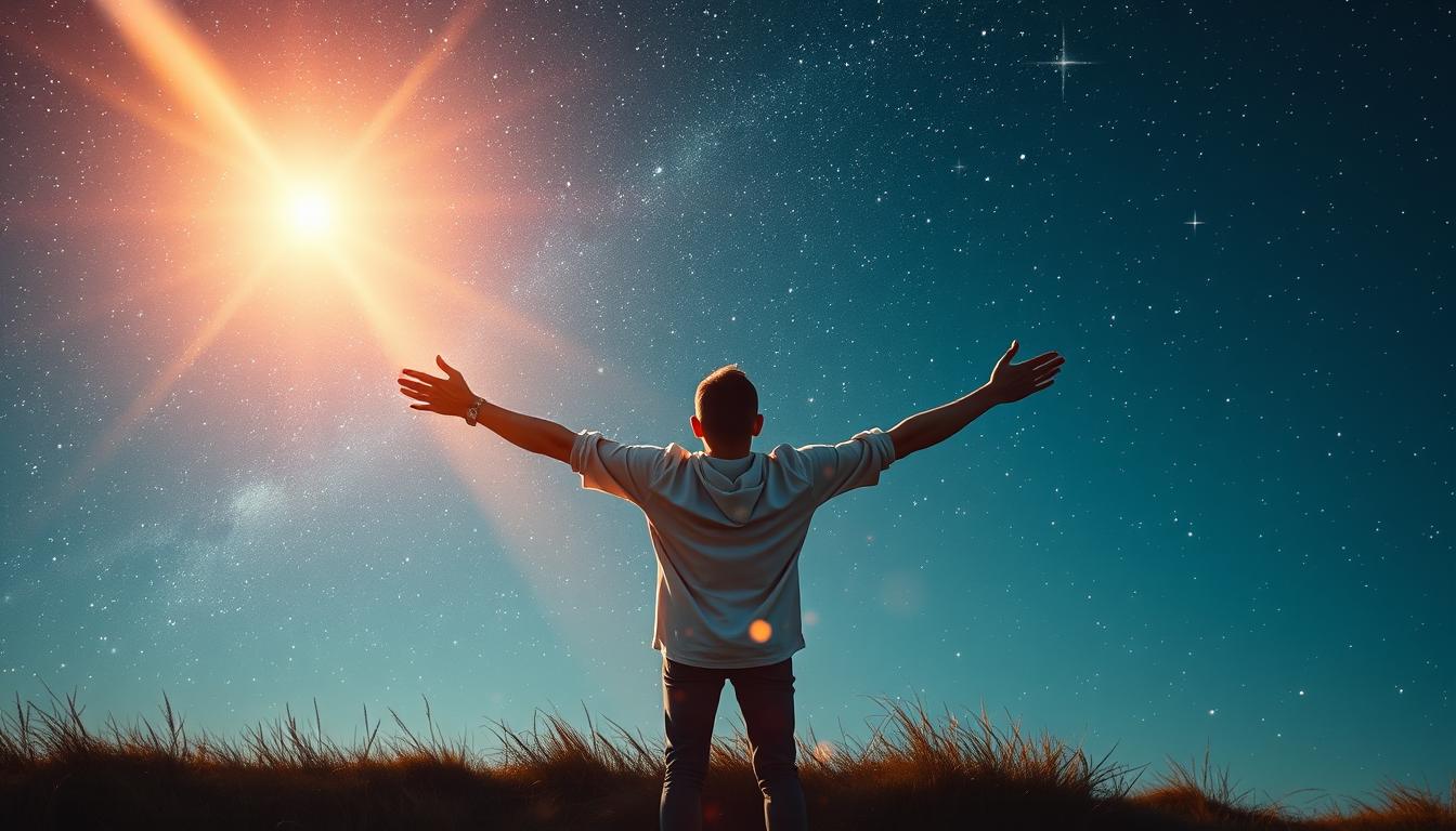 A person standing on a hill, looking up at a star-filled sky with their arms wide open in gratitude. A beam of light shining from the sky onto their outstretched hands, symbolizing the manifestation of their dreams. The person is surrounded by glowing particles, representing the power of alignment and positivity in attracting abundance.