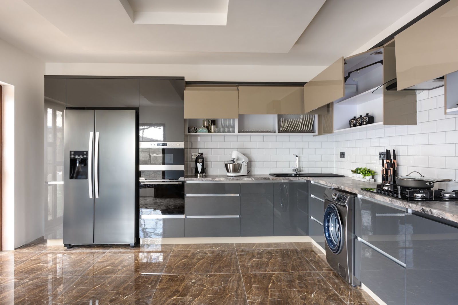 gray high gloss cabinets, kitchen cabinets