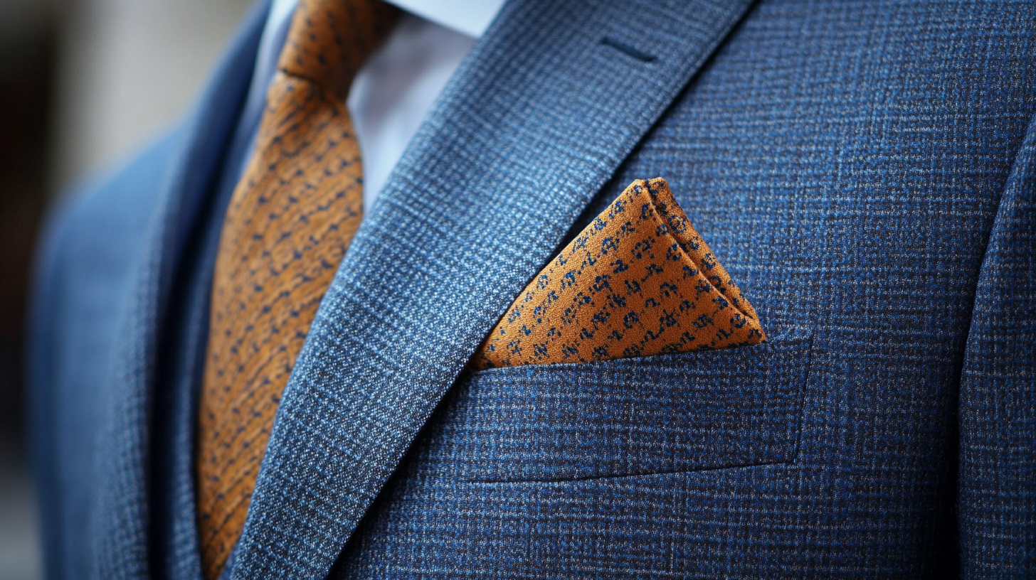 A stylish pocket square tucked into the breast pocket of a blue suit. The pocket square is elegantly folded, with a classic white color for a formal setting or a vibrant striped pattern for a more relaxed look. The fabric is crisp and smooth, adding a refined touch to the suit.