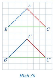 BÀI 3: HAI TAM GIÁC BẰNG NHAUKhởi độngCâu hỏi: Một dây chuyền sản xuất ra các sản phẩm có dạng hình tam giác giống hệt nhau (Hình 27). Khi đóng gói hàng, người ta xếp chúng chồng khít lên nhau. Khi hai tam giác có thể chồng khít lên nhau thì các cạnh và các góc tương ứng liên hệ với nhau như thế nào?Đáp án chuẩn:Bằng nhau.I. Hai tam giác bằng nhauBài 1: Quan sát hai tam giác ABC và A’B’C’ trên một tờ giấy kẻ ô vuông (Hình 30).a) So sánh:-        Các cặp cạnh: AB và A’B’; BC và B’C’; CA và C’A’.-        Các cặp góc: A và A’; B và B’; C và C’.b) Hai tam giác ABC và A’B’C’ có bằng nhau hay không?c) Cắt mảnh giấy hình tam giác ABC và mảnh giất hình tam giác A’B’C’, hai hình tam giác đó có thể đặt chồng khít lên nhau hay không? Đáp án chuẩn:a) - AB = A B'; BC = B'C'; CA = C'A'- A = A'; B = B'; C = C'b) Bằng nhau.c) Chồng khítBài 2: Cho biết ΔABC  =ΔMNP, AC = 4cm, MNP=450. Tín độ dài cạnh MP và số đo góc ACBĐáp án chuẩn:MP = 4cmACB = 450II. Bài tập