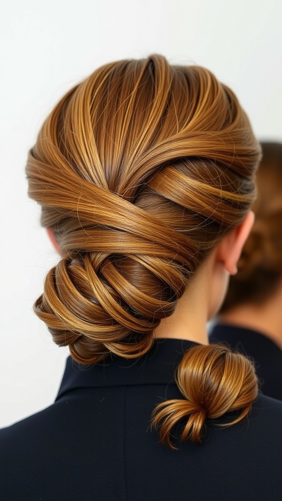 A stylish twisted side bun hairstyle suitable for flight attendants, showcasing a polished look.