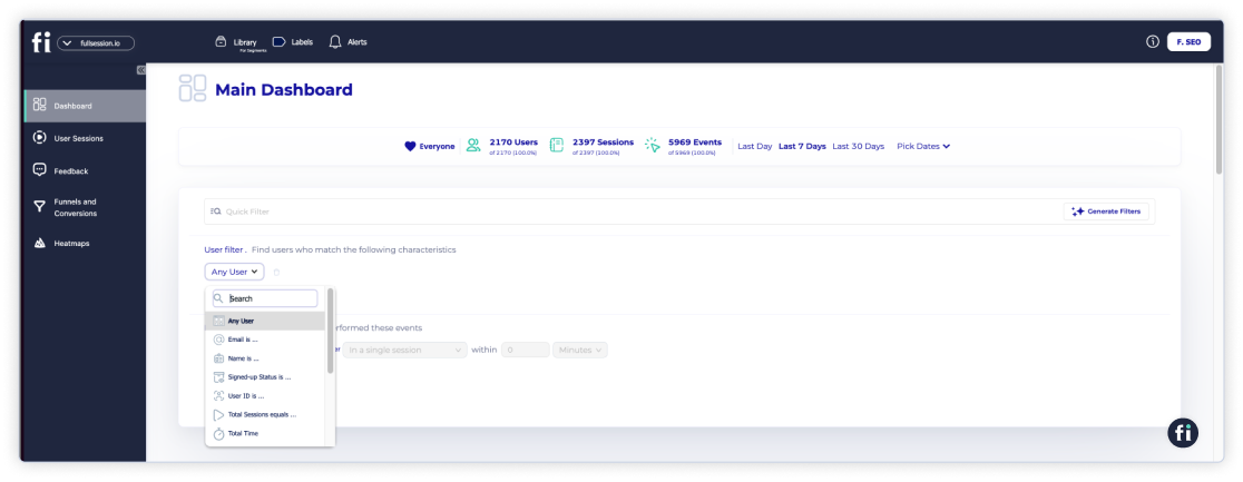 FullSession main dashboard 