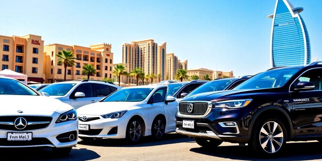 Colorful rental cars in Dubai with modern architecture.