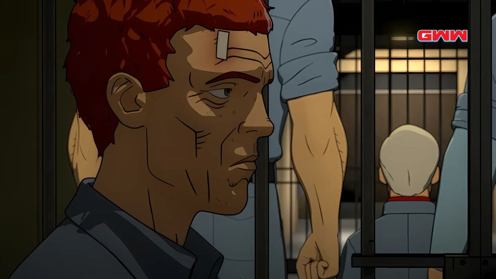 Red-haired man behind bars in Watchmen Chapter 2 scene