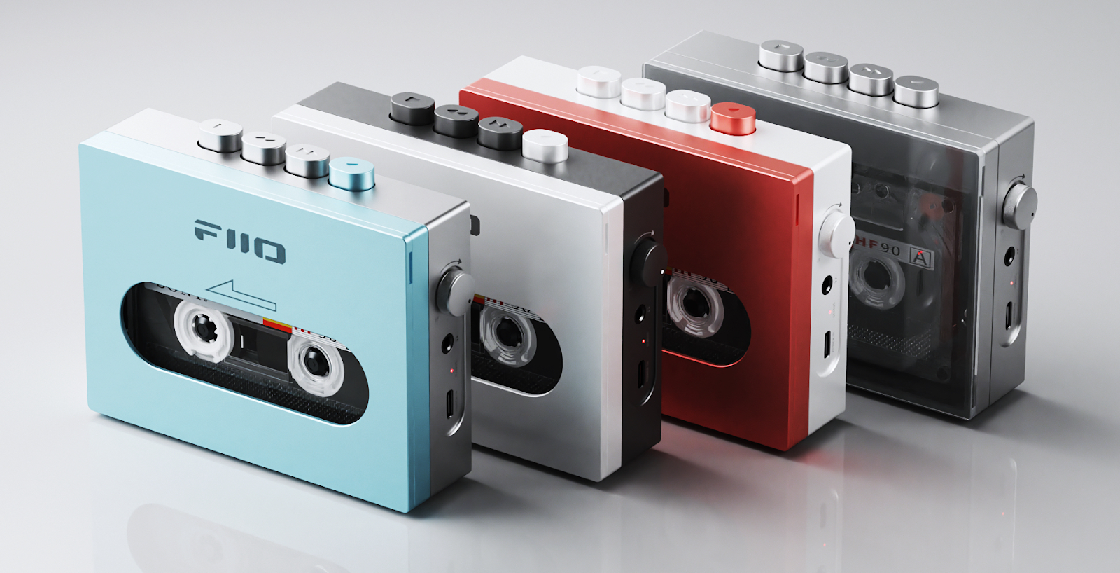 FiiO CP13 cassete player in four different colors.