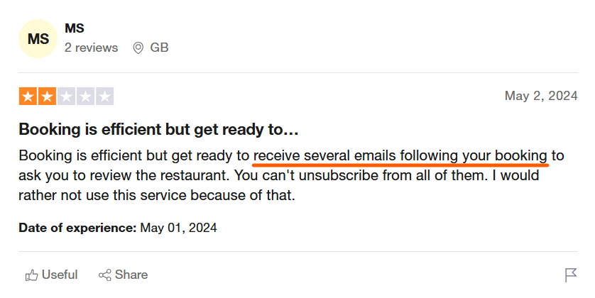 Trust Pilot review criticizing a booking software