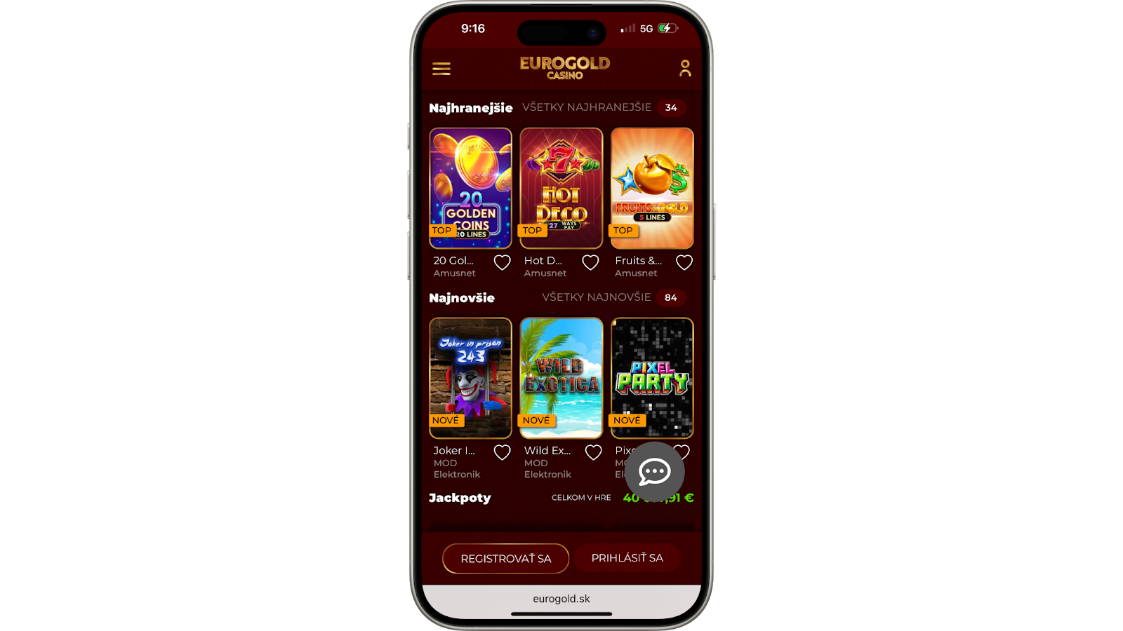 Obrazovka mobilnej verzie online kasína Eurogold zobrazujúca najhranejšie a najnovšie výherné automaty ako 20 Golden Coins, Hot Deco, Fruits & Clovers, Joker 123, Wild Exotica a Pixel Party.