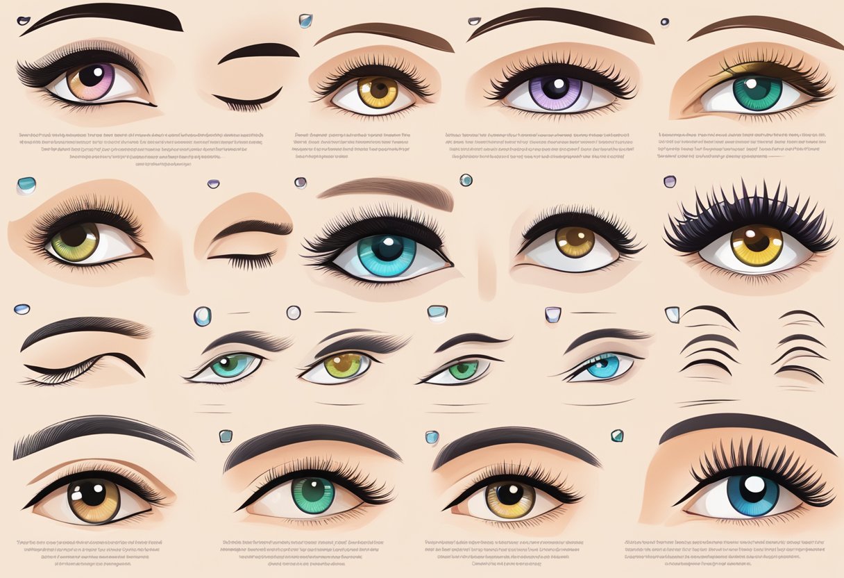 A variety of lash styles displayed next to illustrations of different face and eye shapes for guidance