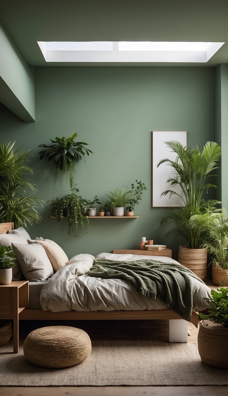 A serene sage green bedroom with soft, neutral-colored bedding, natural wood furniture, and plenty of lush green plants for a calming and tranquil atmosphere