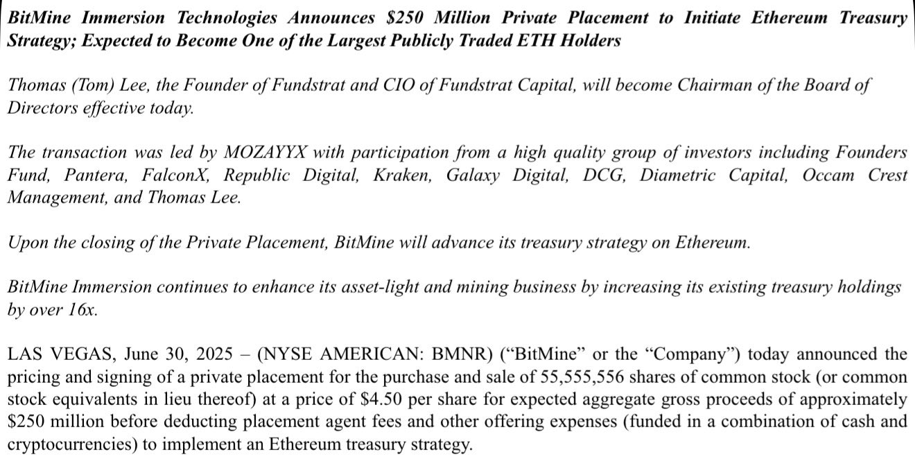 BitMine Announcing $250Million Ethereum Treasury.