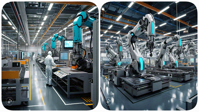 A high-tech factory floor with robotic arms assembling products, showcasing industrial IoT