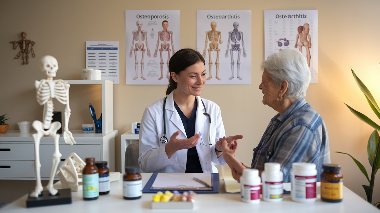 Create a realistic image of a doctor's office with a white female doctor in a white coat discussing medication options with an elderly patient, surrounded by 3D models of bones and joints, medical charts showing osteoporosis and osteoarthritis on the wall, and various pill bottles and supplements on the desk, all under warm, professional lighting.