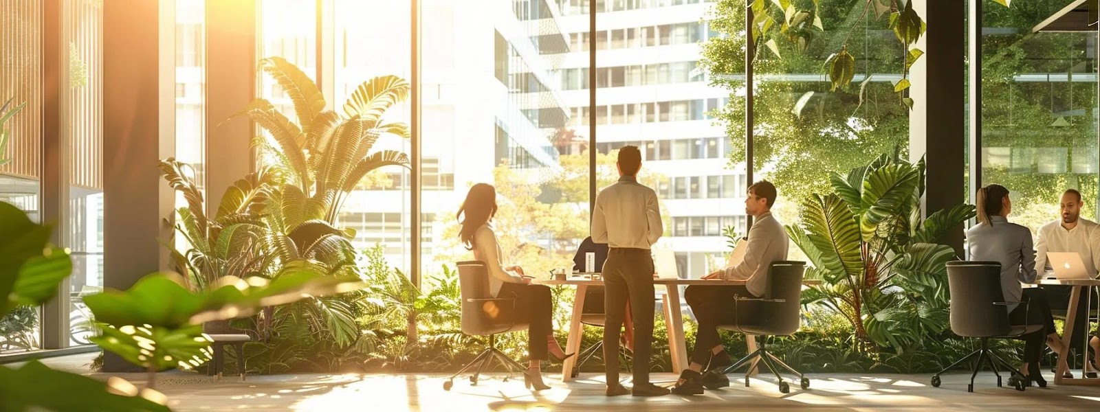 Modern office space with sustainable design, featuring greenery and natural light, professionals collaborating around a table, emphasizing eco-friendly work environments.