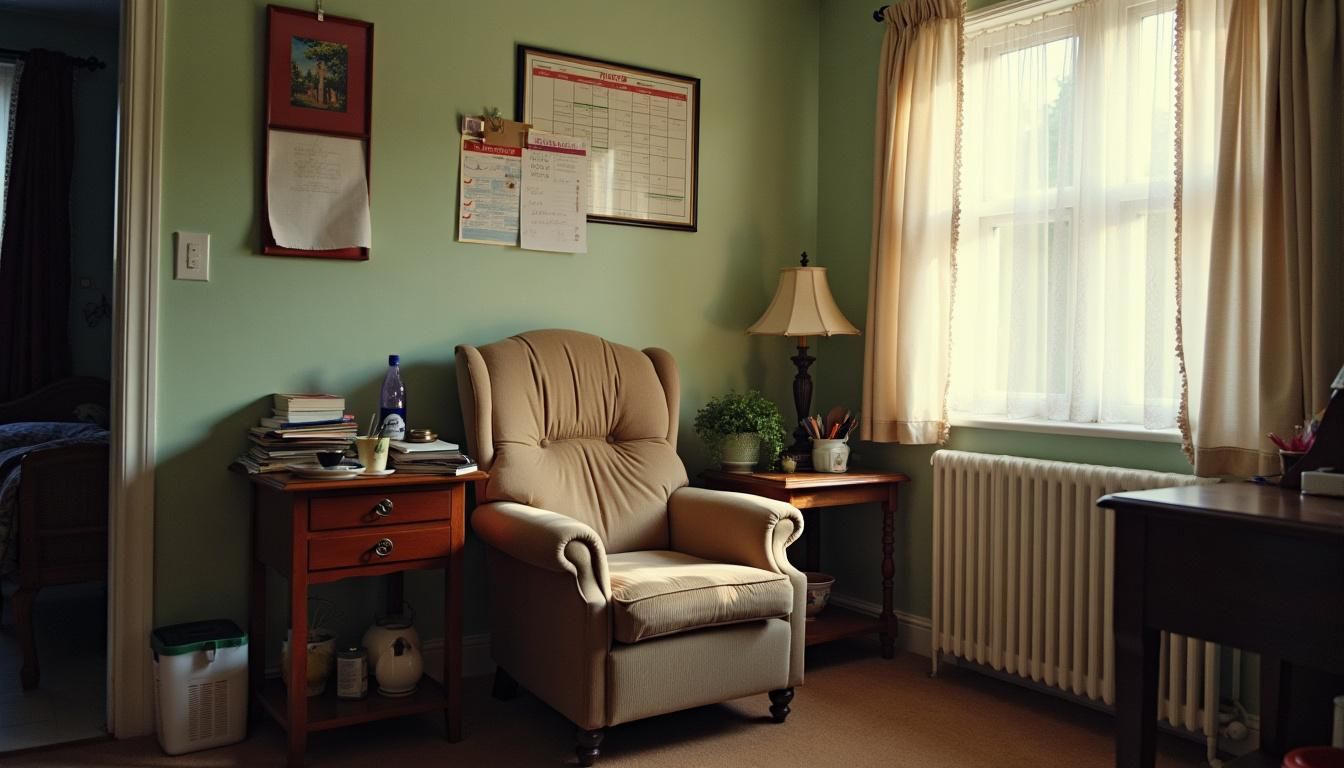 A cozy living room with a worn armchair and cluttered side table.