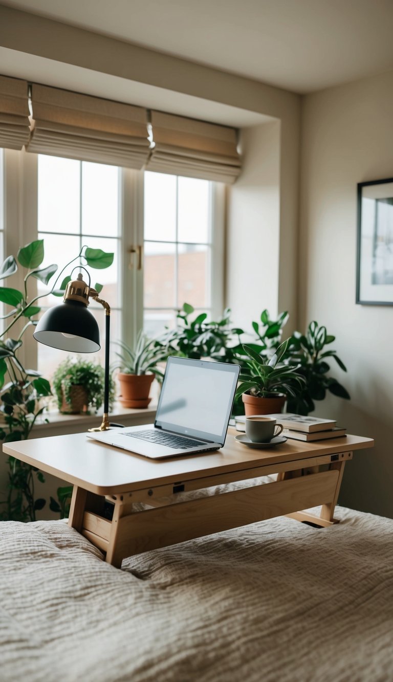 A foldout desk in a cozy guest bedroom, adorned with plants, books, and a reading lamp. A laptop and a cup of coffee sit on the desk, inviting someone to work or relax