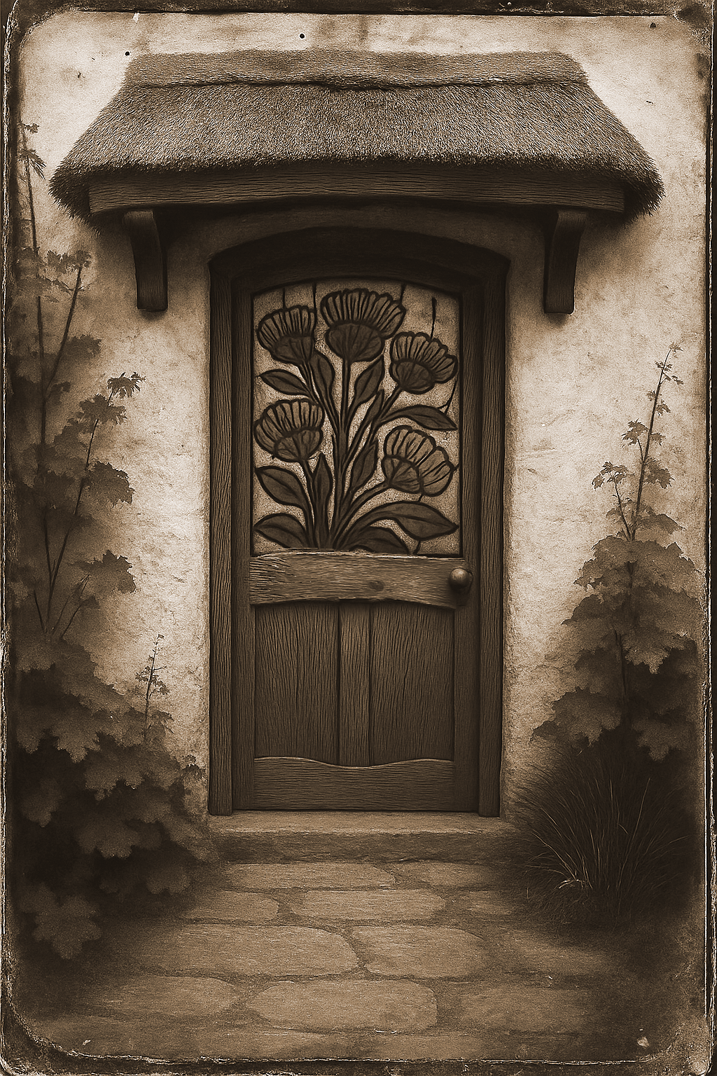 The Bramblegarden cottage door as photographed in the 1890s