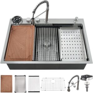 33 Inch Waterfall Drop In Kitchen Sink with Faucet Combo, 33x22 Drop In Waterfall Sink Workstation Smart Kitchen Sink 16 Gauge Multifunction Stainless Steel Single Bowl Kitchen Sink