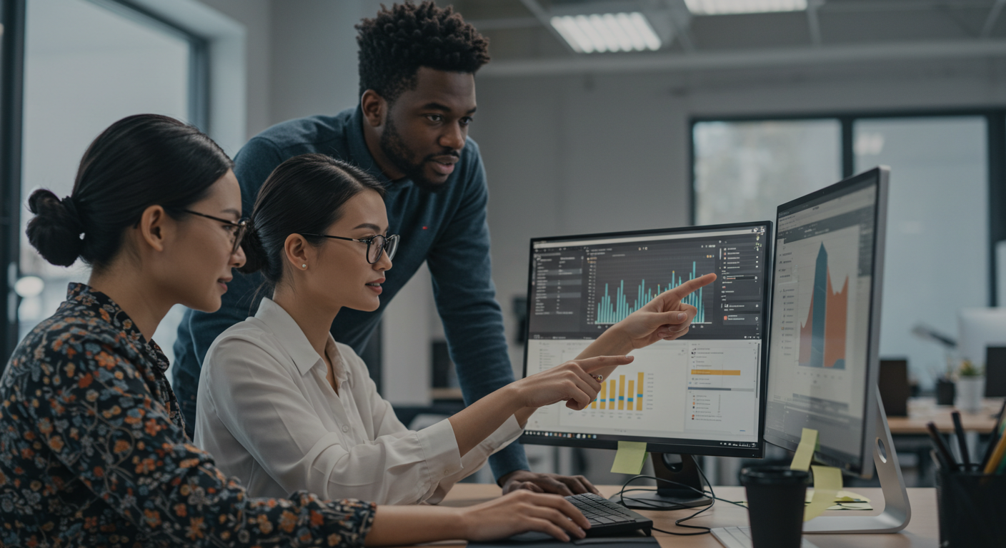 Diverse quality assurance team analyzing results from automation testing tools on multiple screens in collaborative workspace