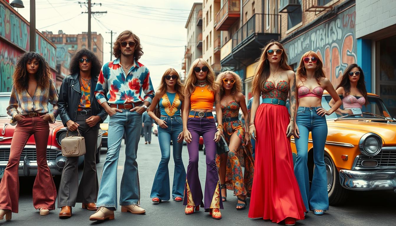 A vibrant 1970s fashion scene featuring a variety of outfits, including bell-bottom jeans, tie-dye shirts, maxi dresses, platform shoes, and oversized sunglasses. The setting is a lively urban street with colorful graffiti and retro cars, capturing the playful and bold colors characteristic of the era. Include diverse models showcasing different styles and accessories, embodying the groovy essence of the seventies.