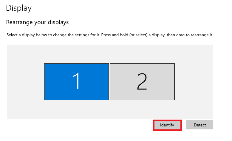 A screenshot of the Windows Display Setting menu, highlighting the "rearrange your displays" section and the "identify" button.