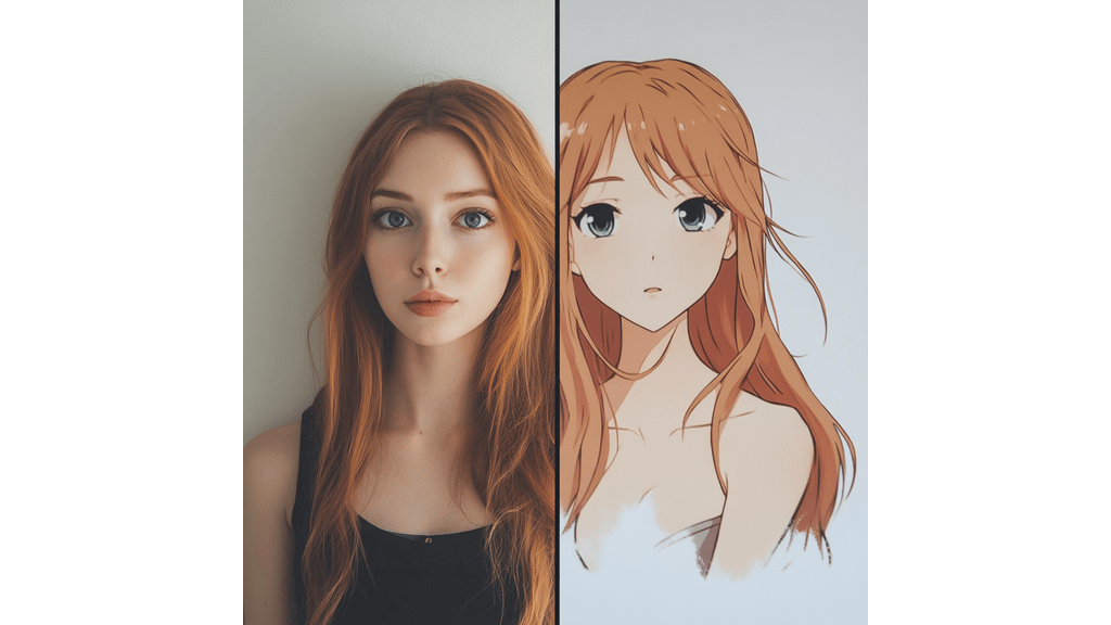 A woman and a female anime character side by side