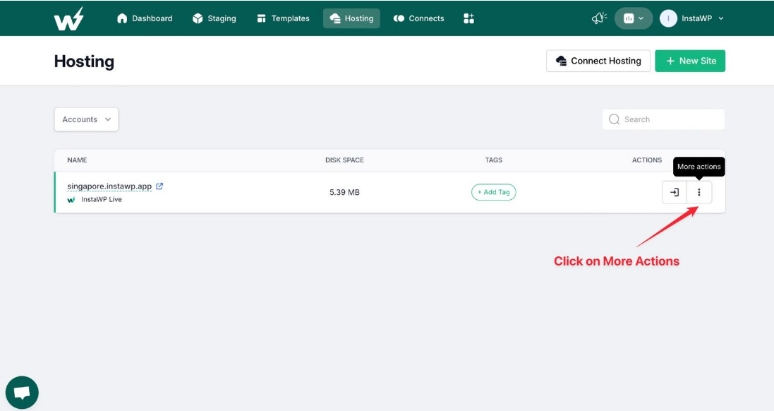 Click on the three-dot menu on InstaWP dashboard against the site you want to map the WordPress domain to expand the menu