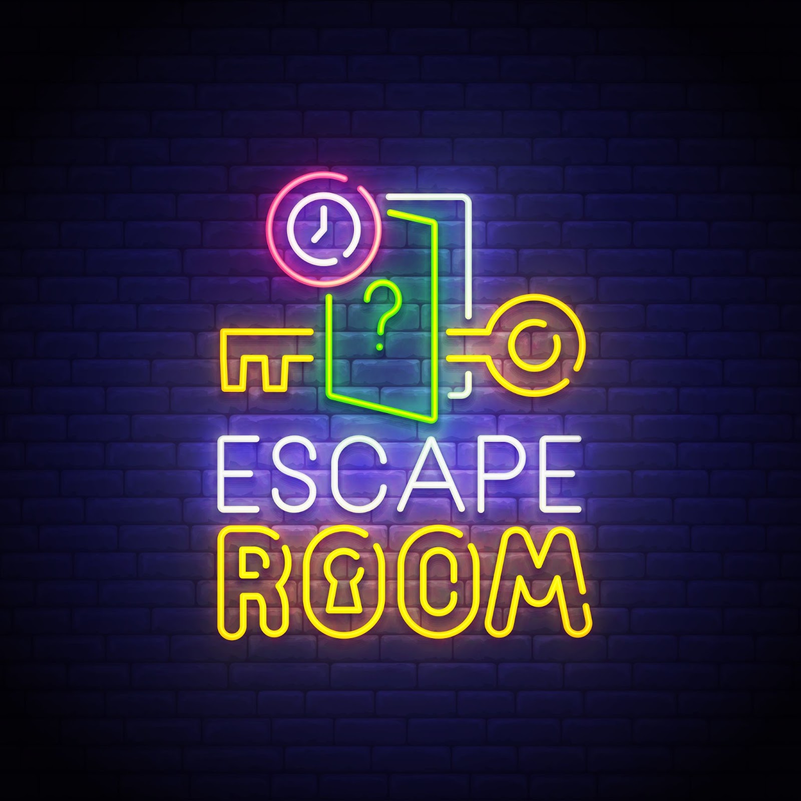 (Neon sign with key, door, clock, and question mark symbols, featuring the text "ESCAPE ROOM" against a dark brick background—perfect for your next Online Escape Room game.)