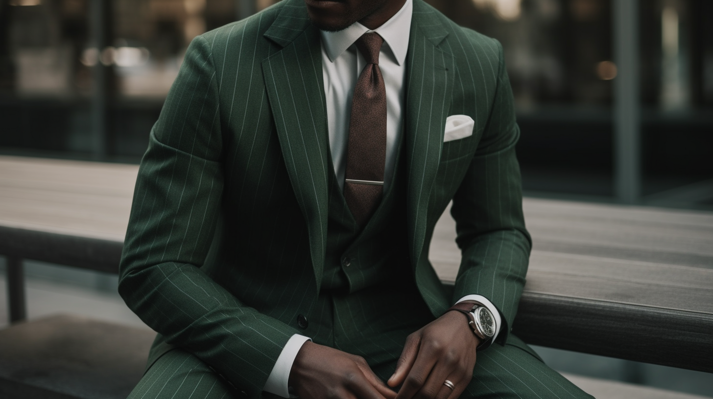 
A green suit featuring a subtle pinstripe pattern, offering texture and character without overwhelming the look. The suit is paired with a solid white dress shirt, creating a balanced and refined appearance. Accessories are kept minimal, with a simple pocket square and a sleek tie. The overall look is polished and sophisticated, with a modern touch provided by the striped suit. The background is a neutral, softly lit environment, enhancing the elegant yet understated vibe of the outfit.